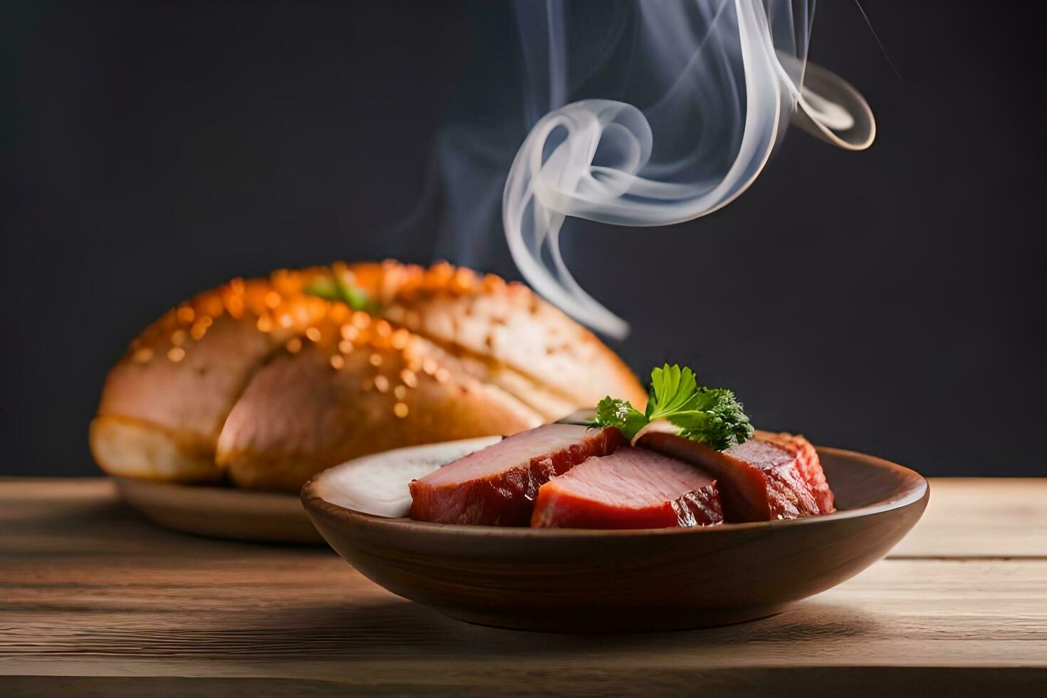 a bowl of meat and bread on a table. AI-Generated photo
