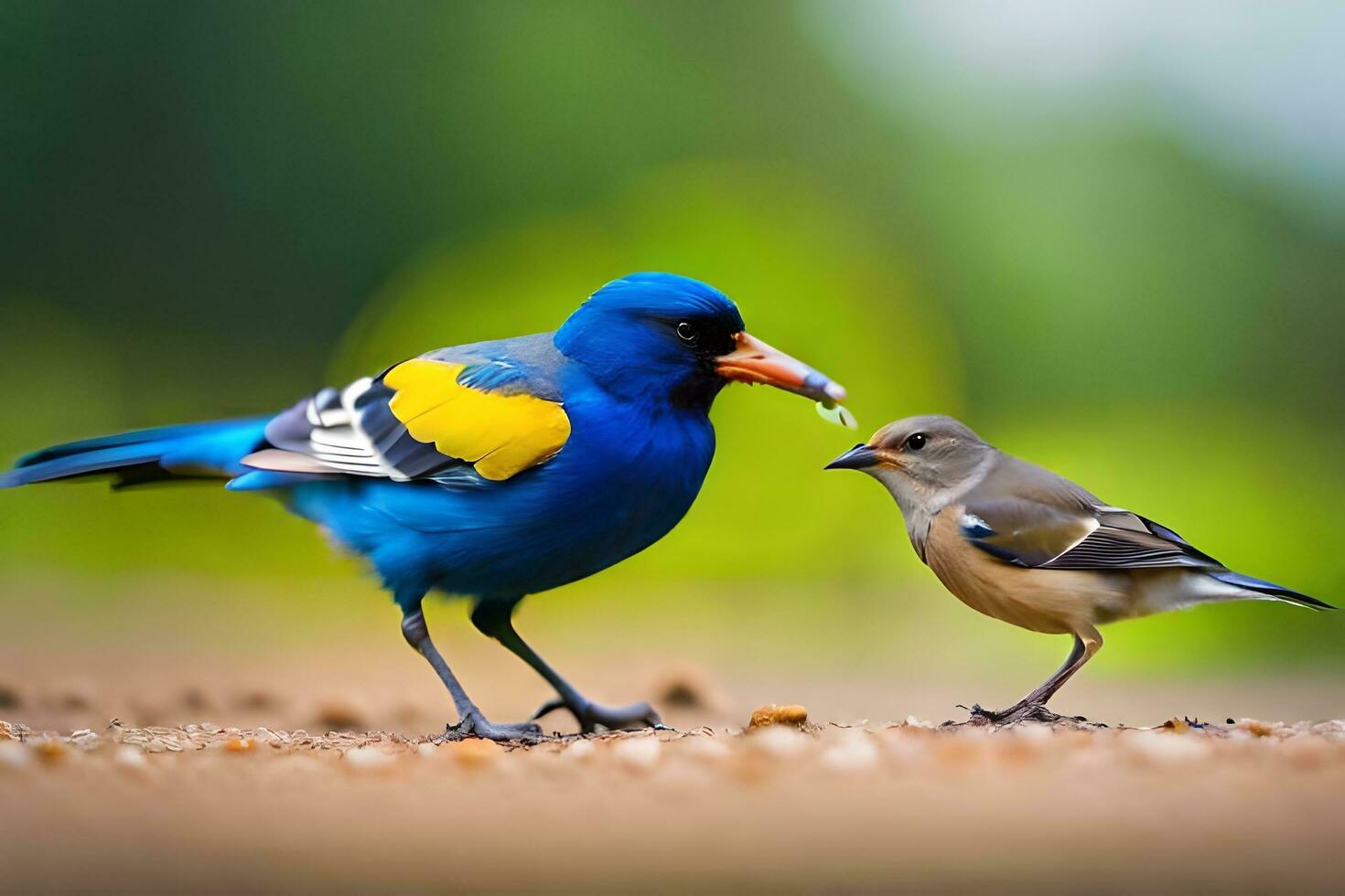 a blue and yellow bird is standing next to a small bird. AI-Generated photo