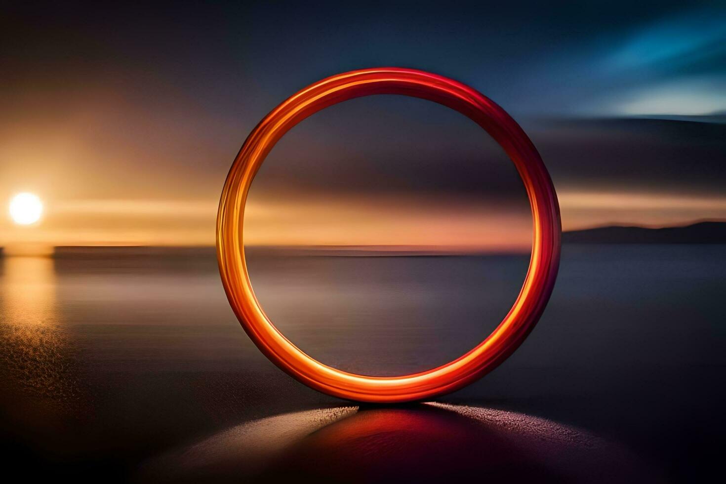 a ring of light on the beach at sunset. AI-Generated photo