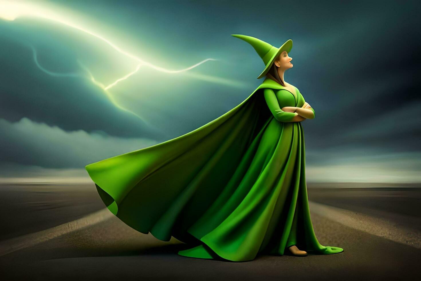 a woman in green dress standing in front of a lightning storm. AI-Generated photo