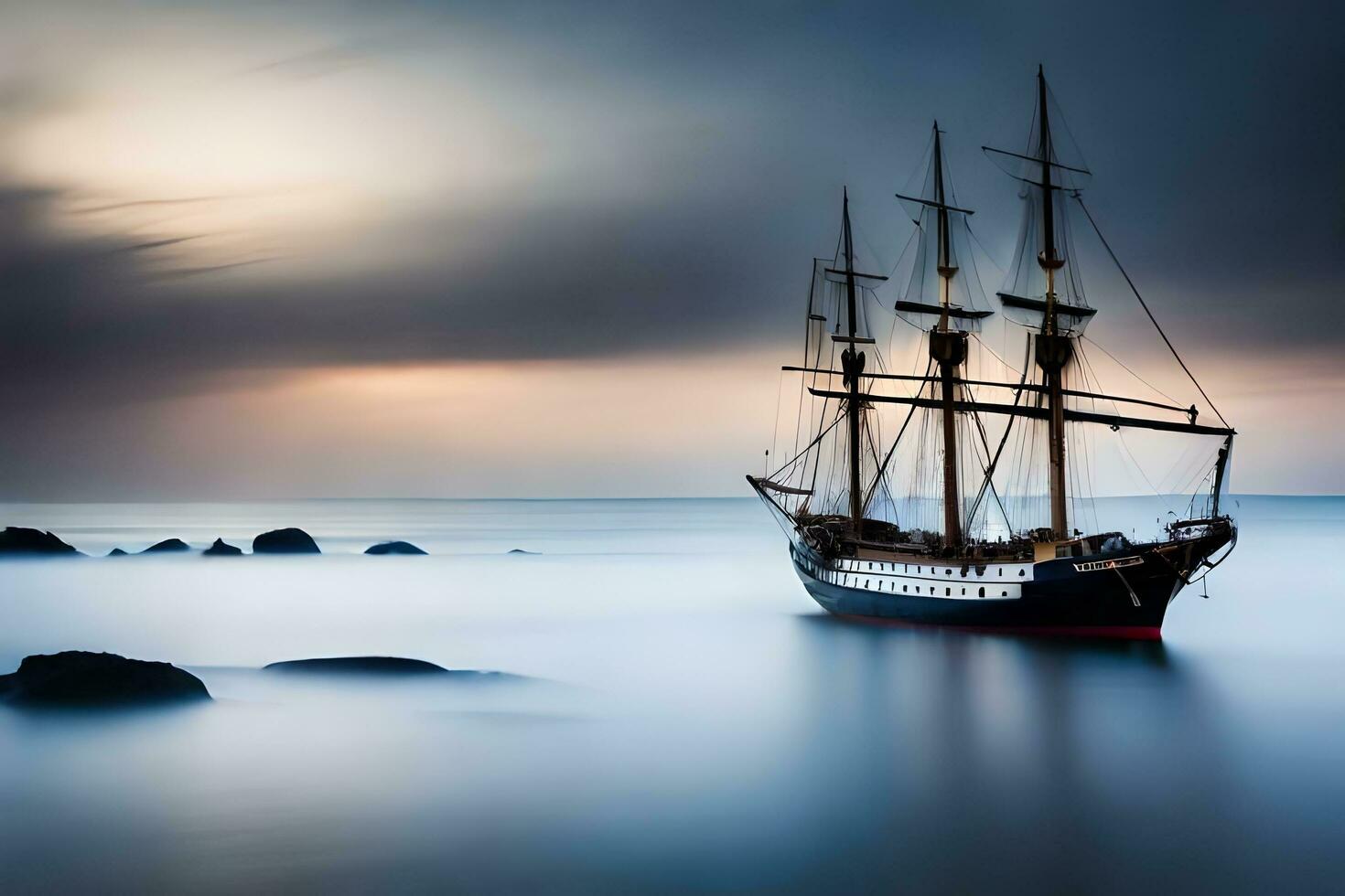 a sailing ship in the ocean at sunset. AI-Generated photo