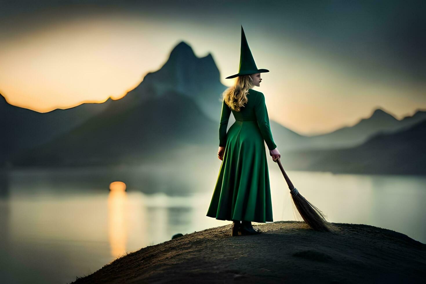 a woman in a green dress standing on a rock with a broom. AI-Generated photo