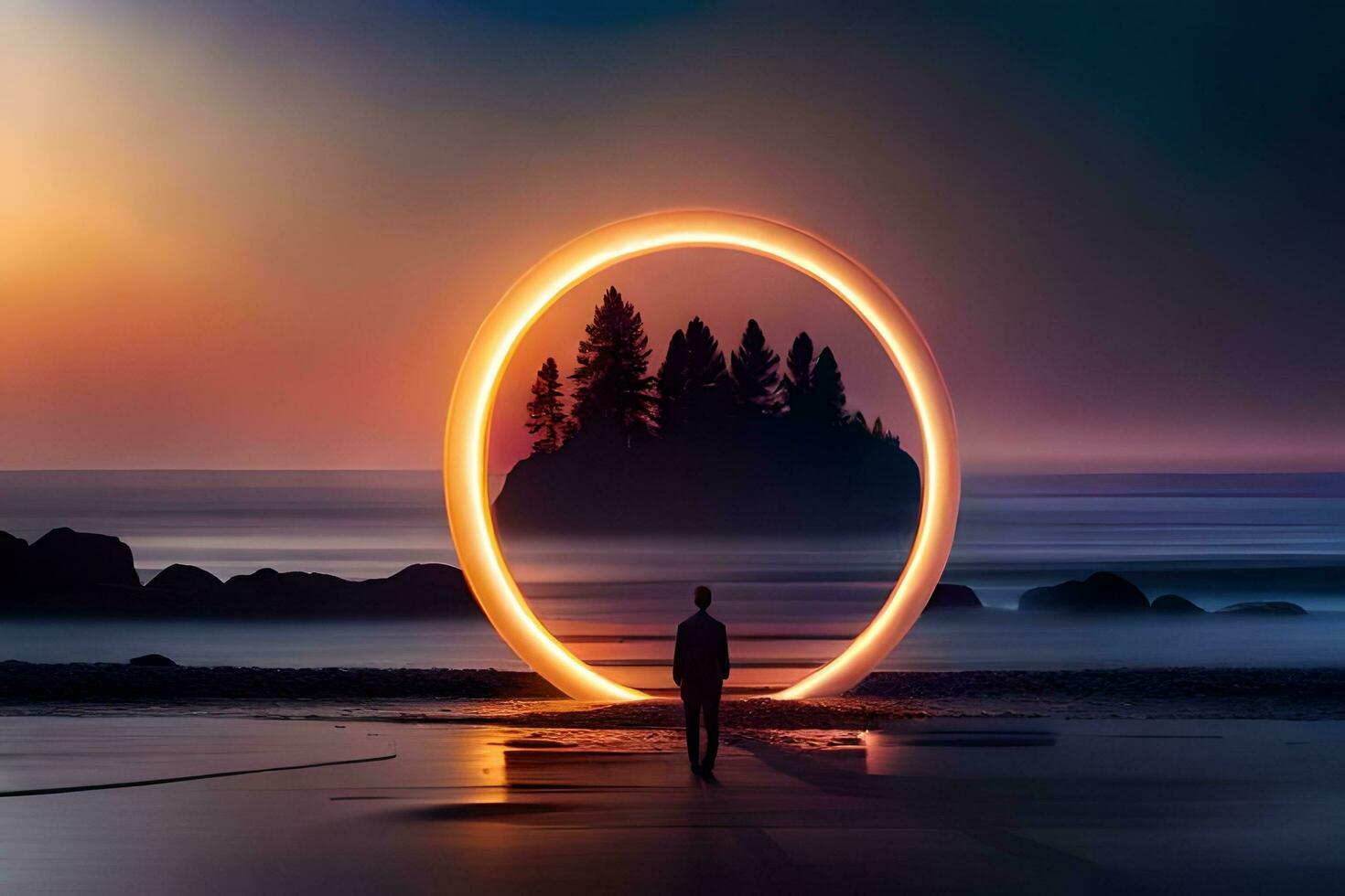 a person standing in front of a circle with a tree in the background. AI-Generated photo