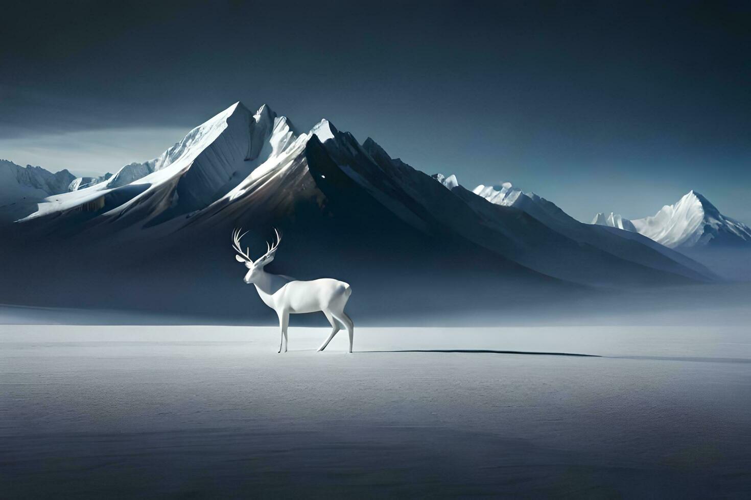a white deer stands in front of a mountain range. AI-Generated photo