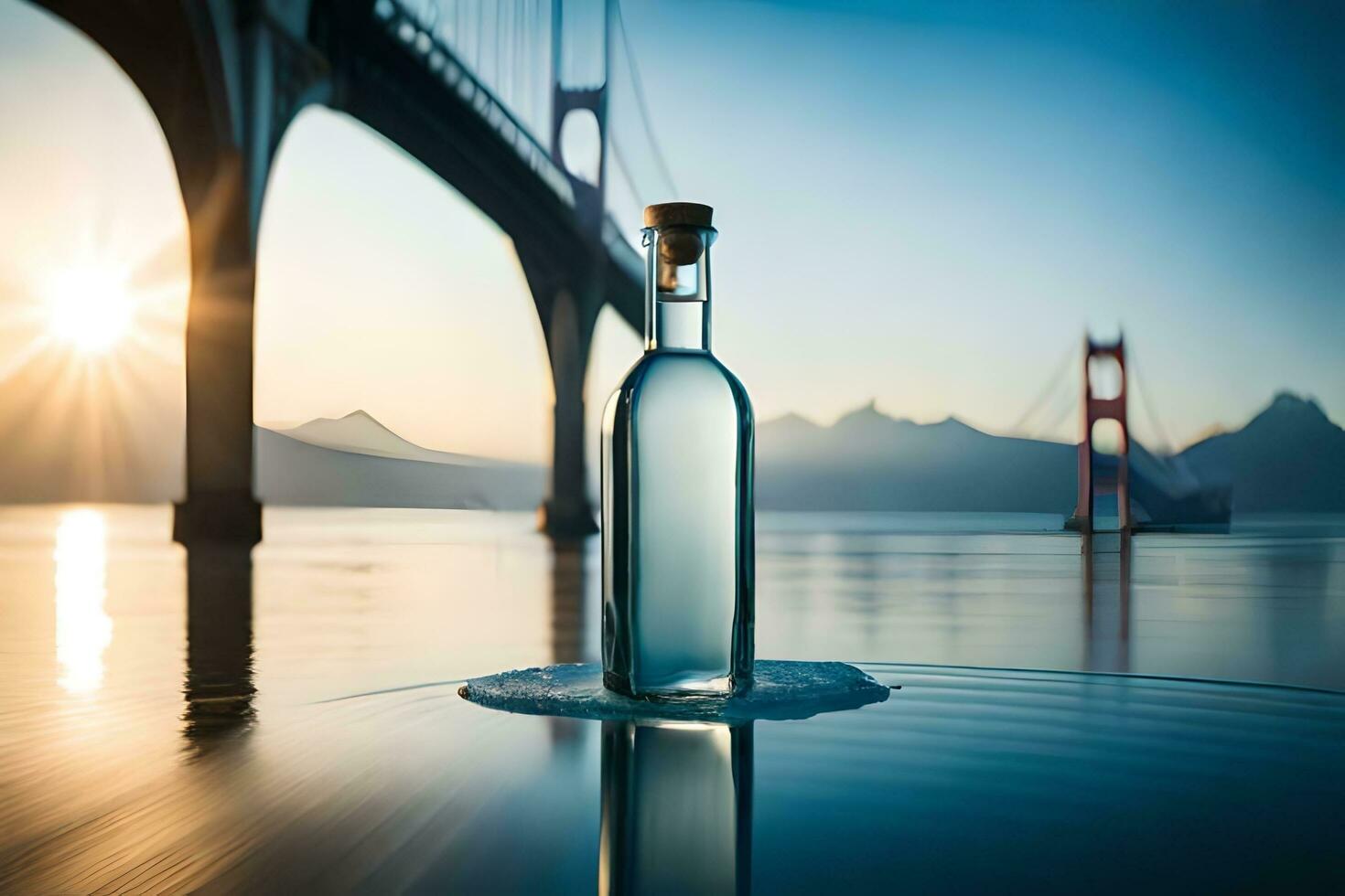 a bottle of water sits on the water in front of a bridge. AI-Generated photo