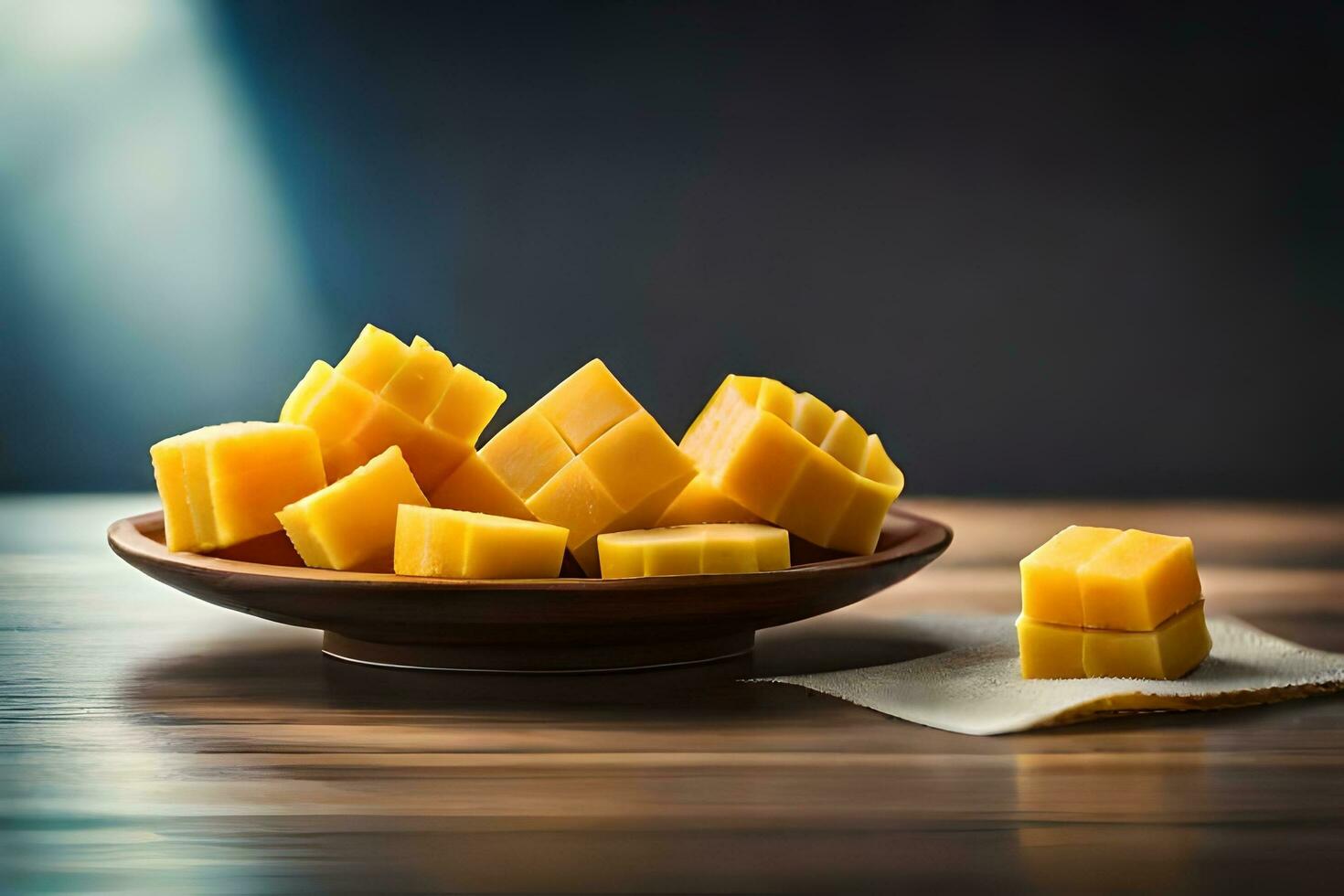 a bowl of mango cubes on a wooden table. AI-Generated photo