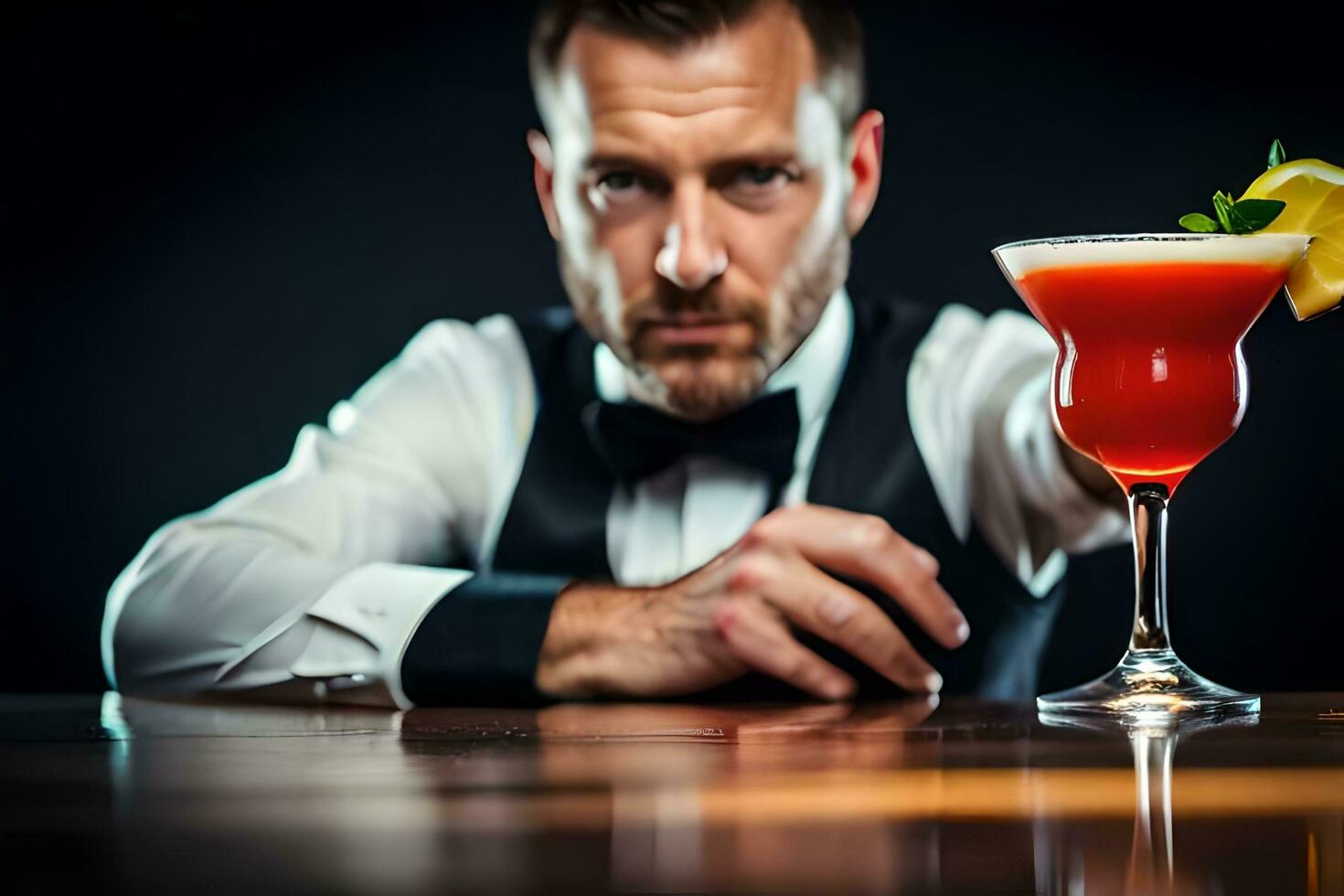 a man in a tuxedo holding a cocktail. AI-Generated photo