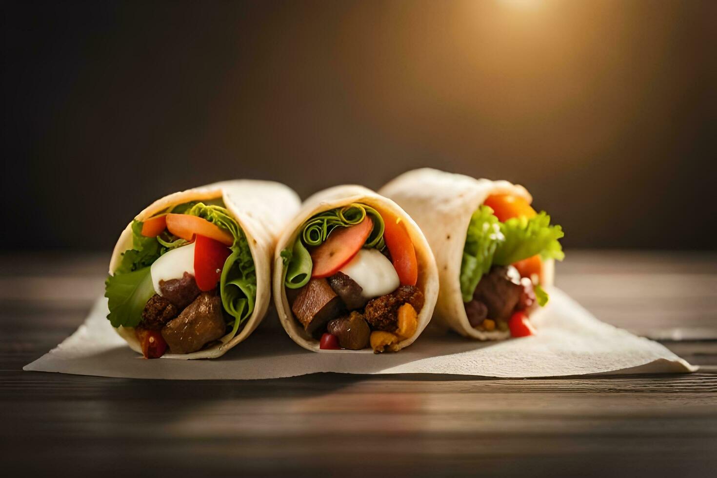 three burritos with meat, vegetables and cheese on a paper. AI-Generated photo