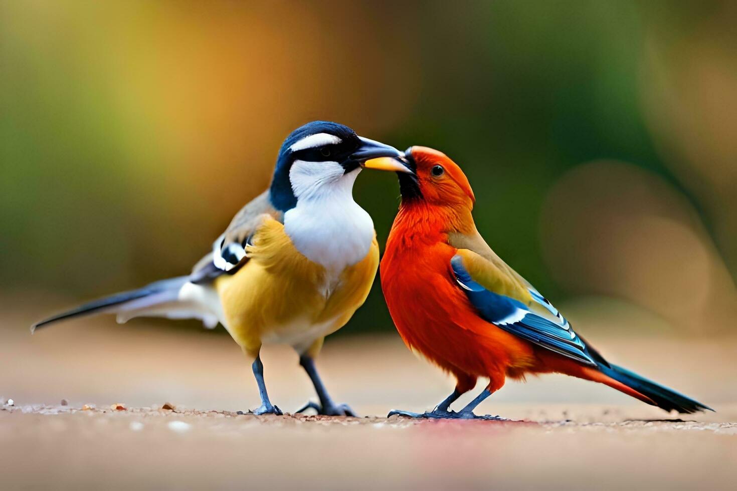 two colorful birds standing on the ground. AI-Generated photo