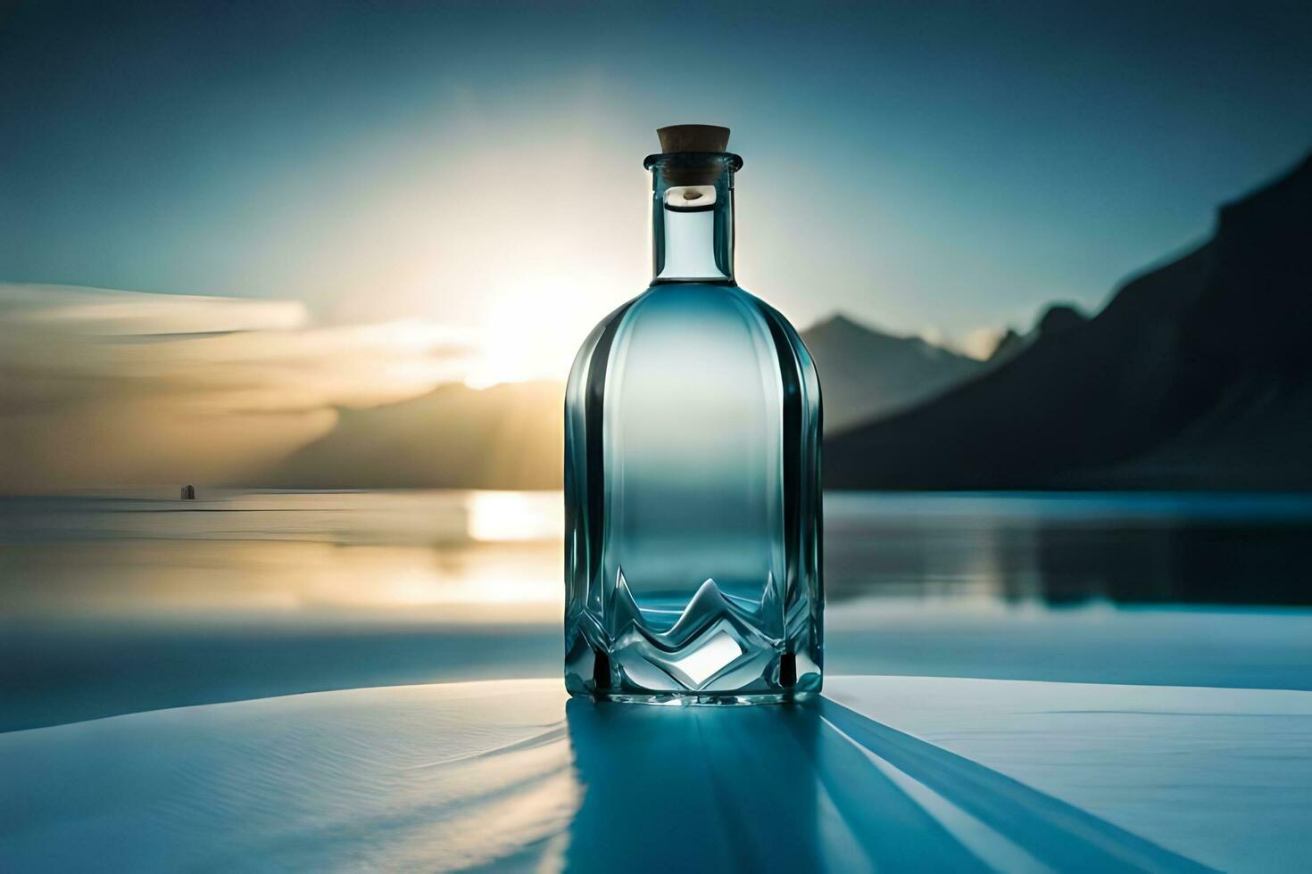 a bottle of gin sitting on the beach with the sun setting behind it. AI-Generated photo