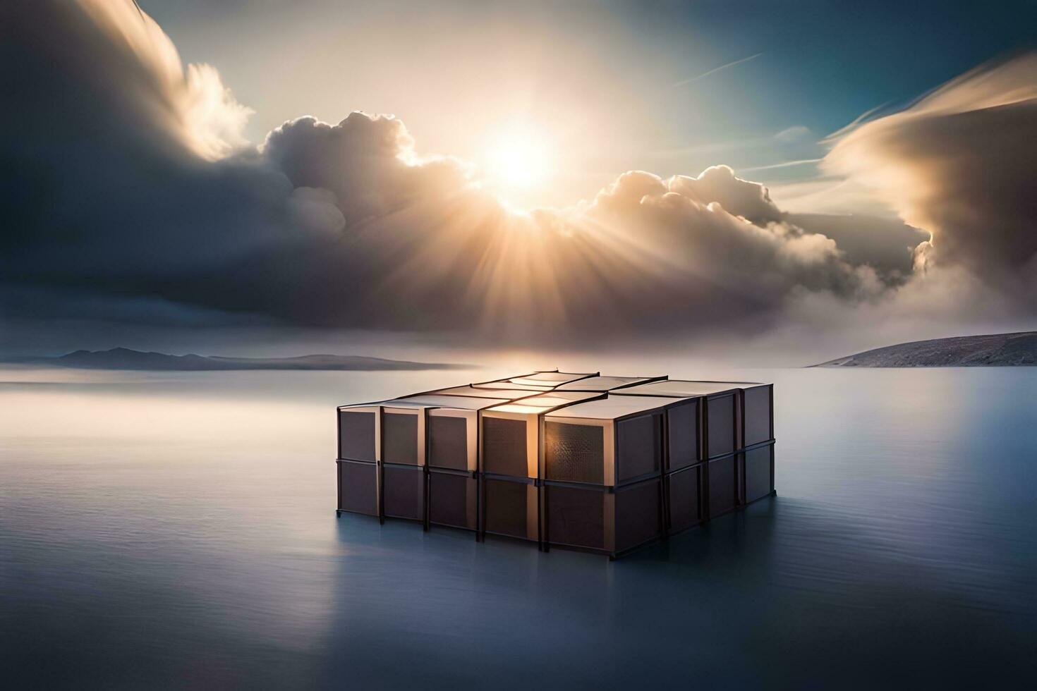 a cube floating in the water with clouds in the background. AI-Generated photo