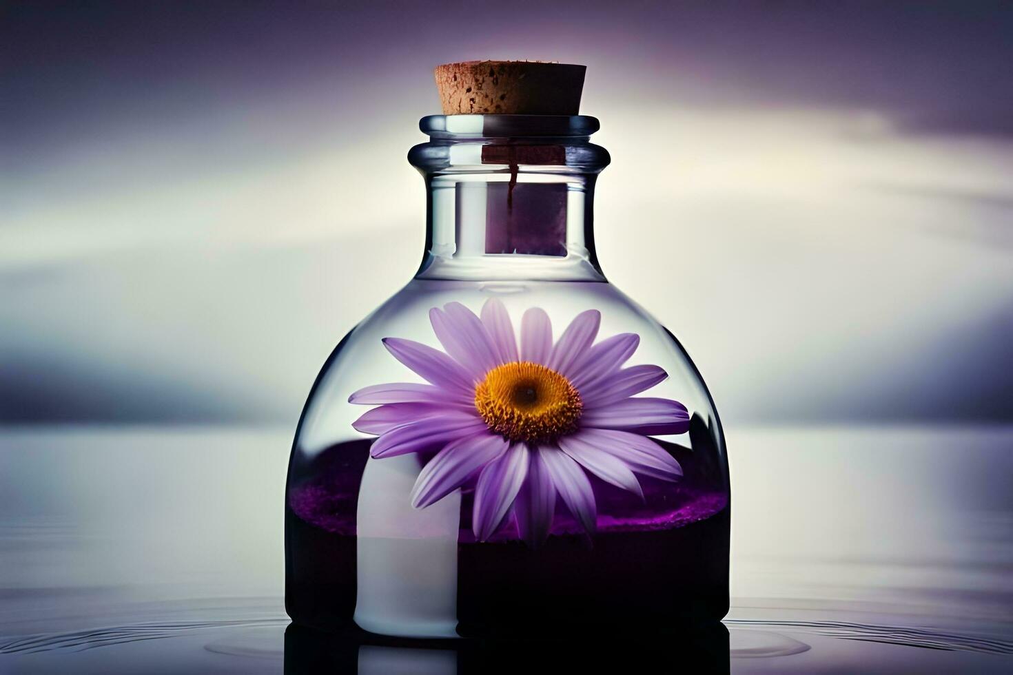 a bottle with purple flowers in it. AI-Generated photo