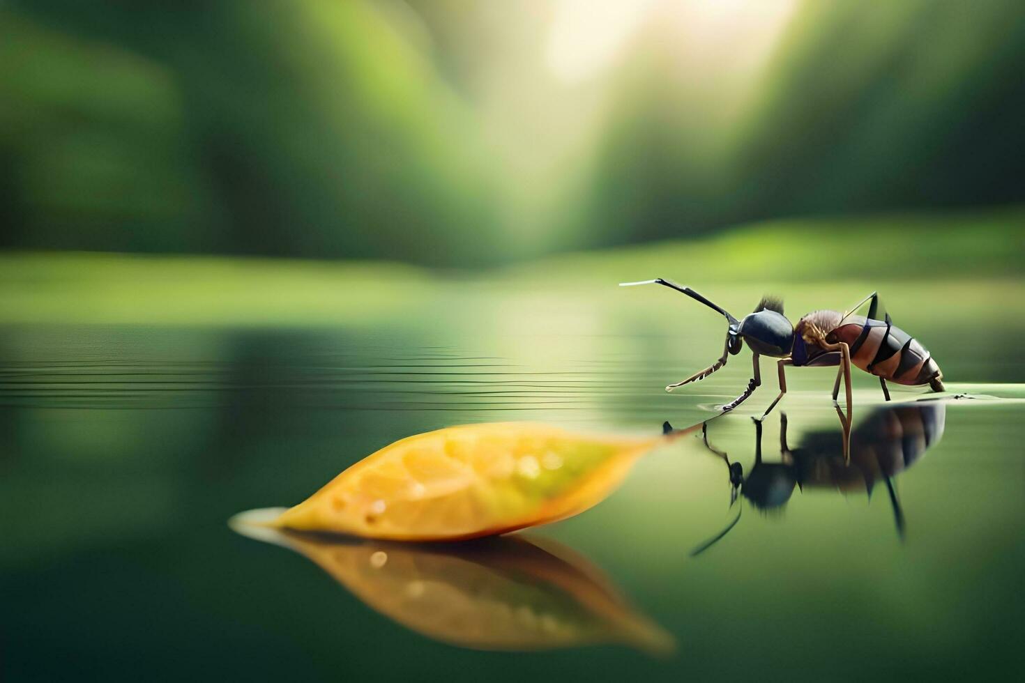a bug is standing on the water with a leaf. AI-Generated photo