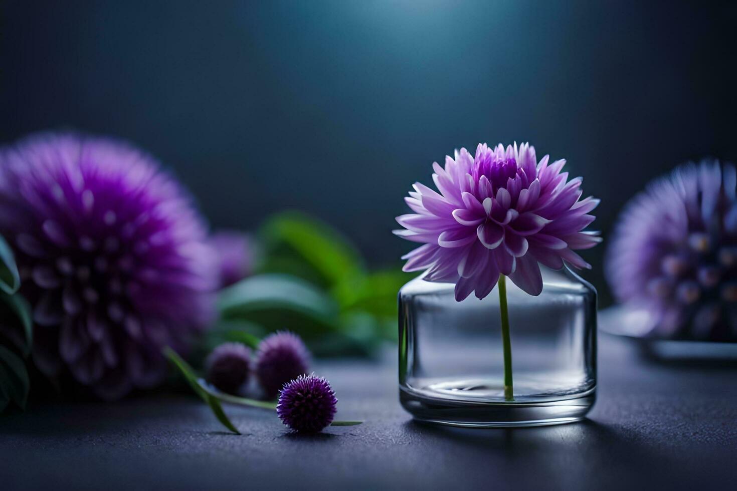 purple flowers in a glass jar on a dark table. AI-Generated photo
