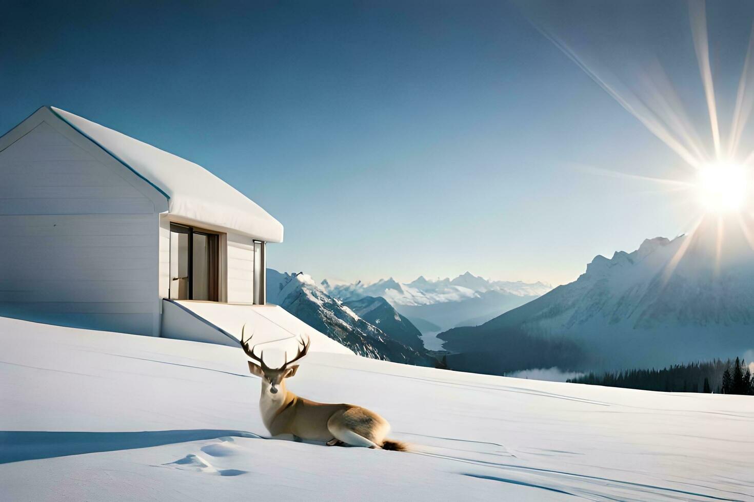 a deer sits in front of a cabin in the snow. AI-Generated photo