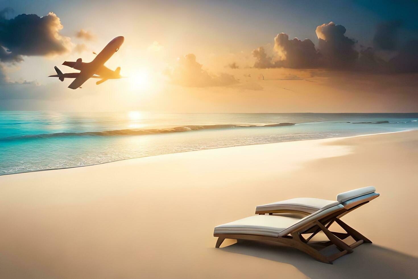 a plane flies over a beach with lounge chairs and a plane. AI-Generated photo