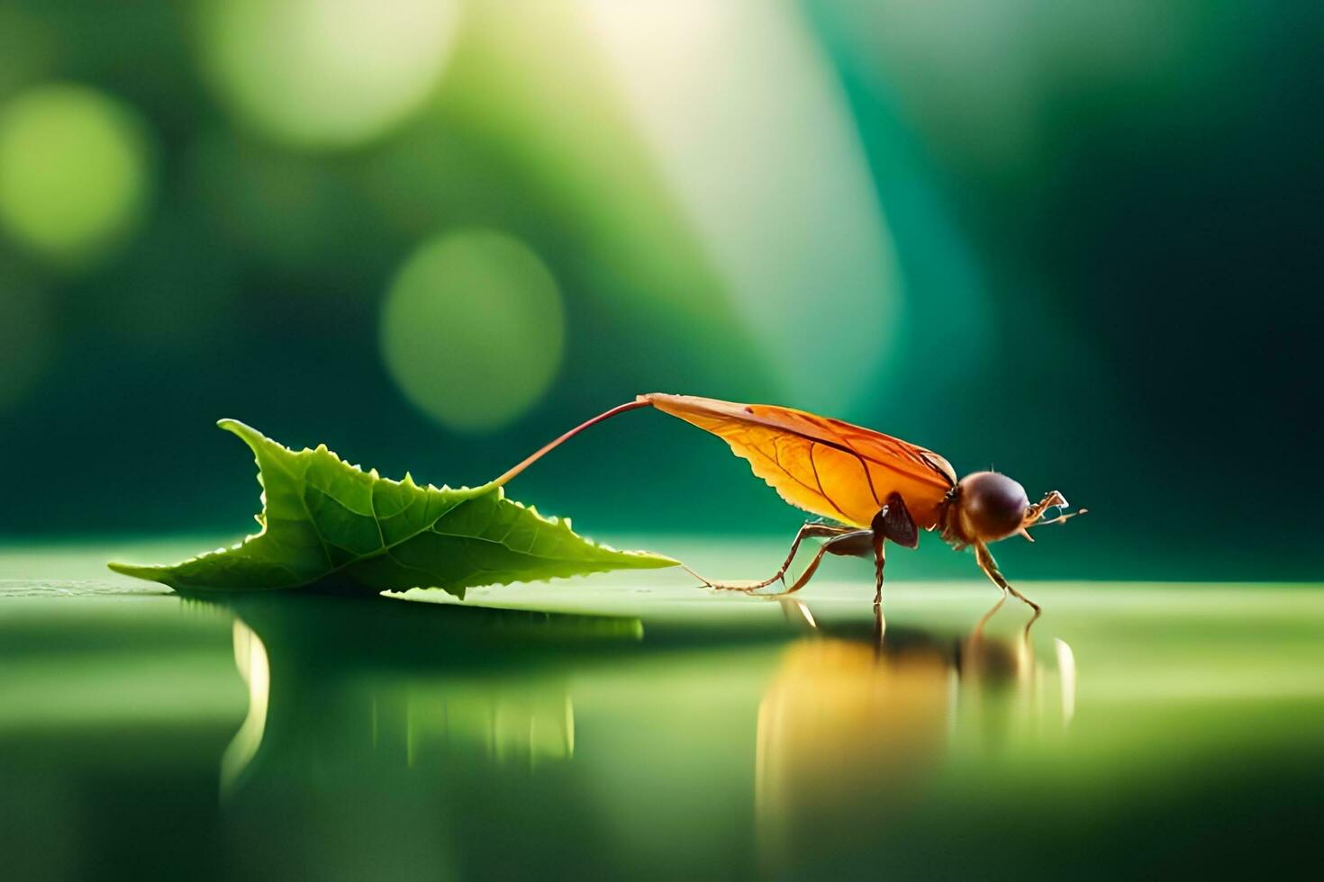 a bug on a leaf with a green background. AI-Generated photo