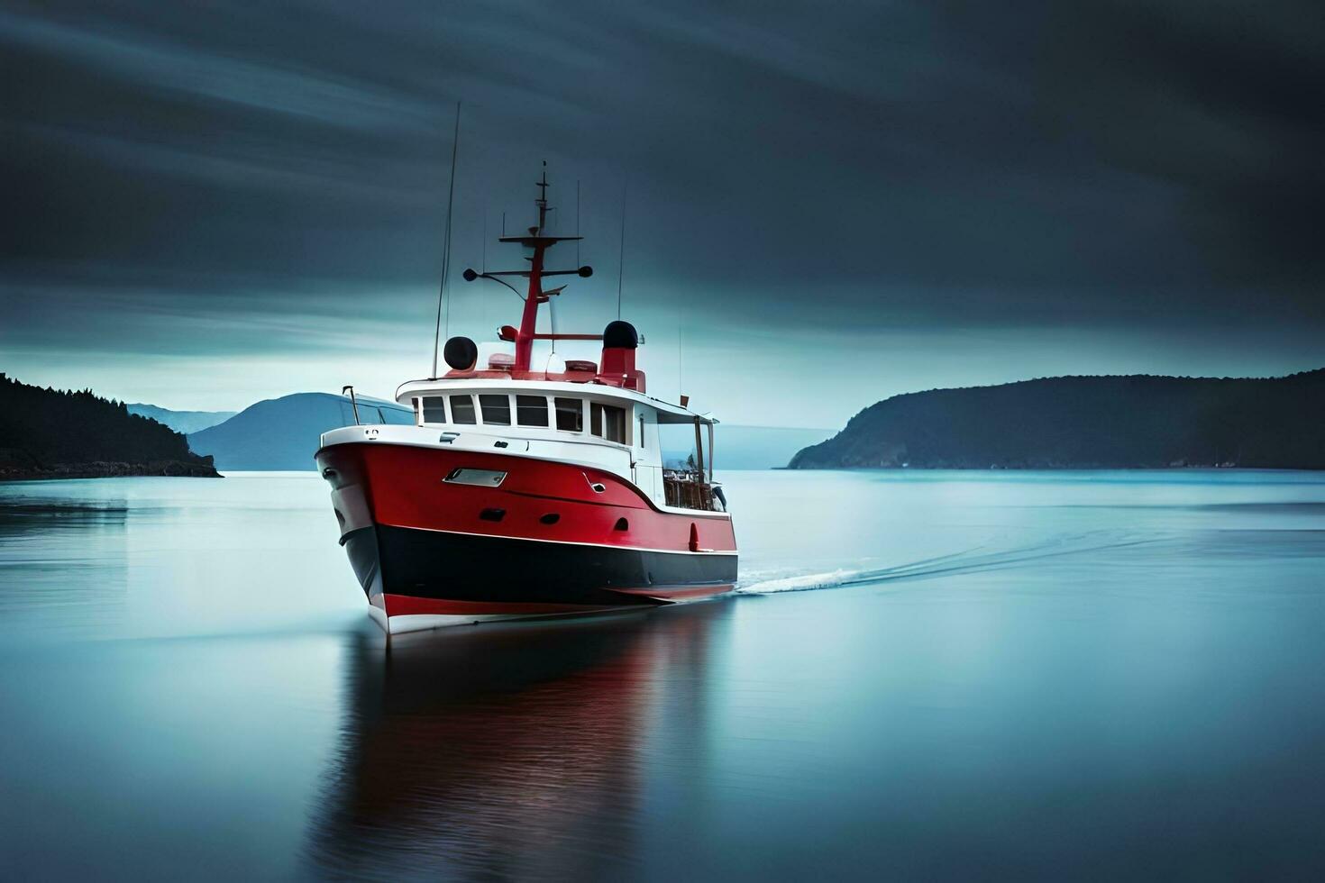 a red and black boat is sailing on the water. AI-Generated photo