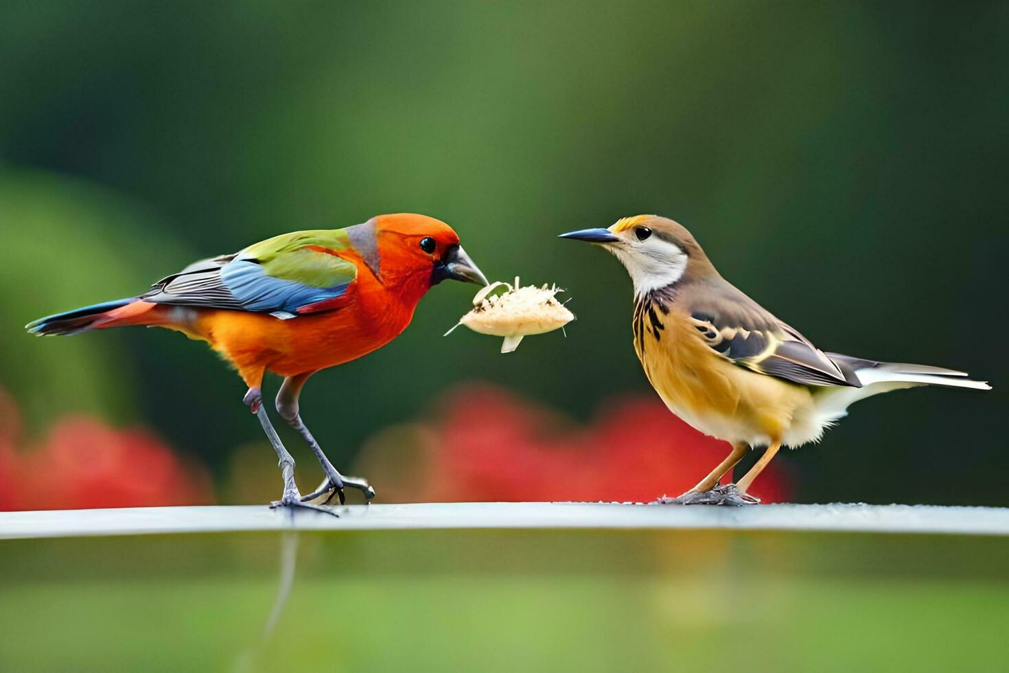 two colorful birds standing on a ledge with a piece of food. AI-Generated photo