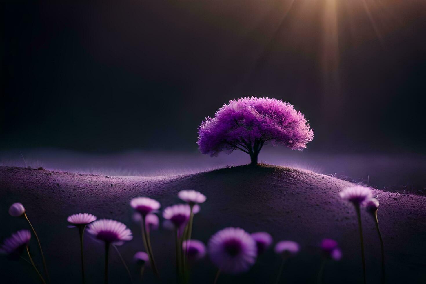 a purple tree is standing on a hill with flowers. AI-Generated photo