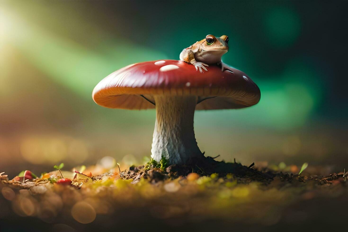 a frog sits on top of a mushroom. AI-Generated photo