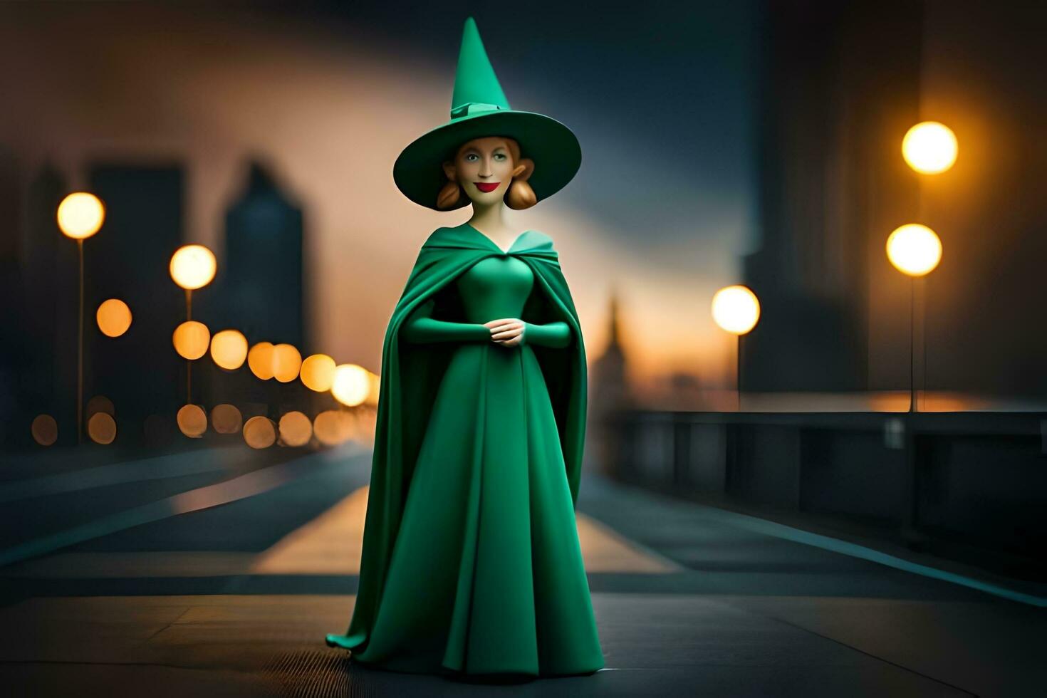 a green witch figurine standing on a street. AI-Generated photo