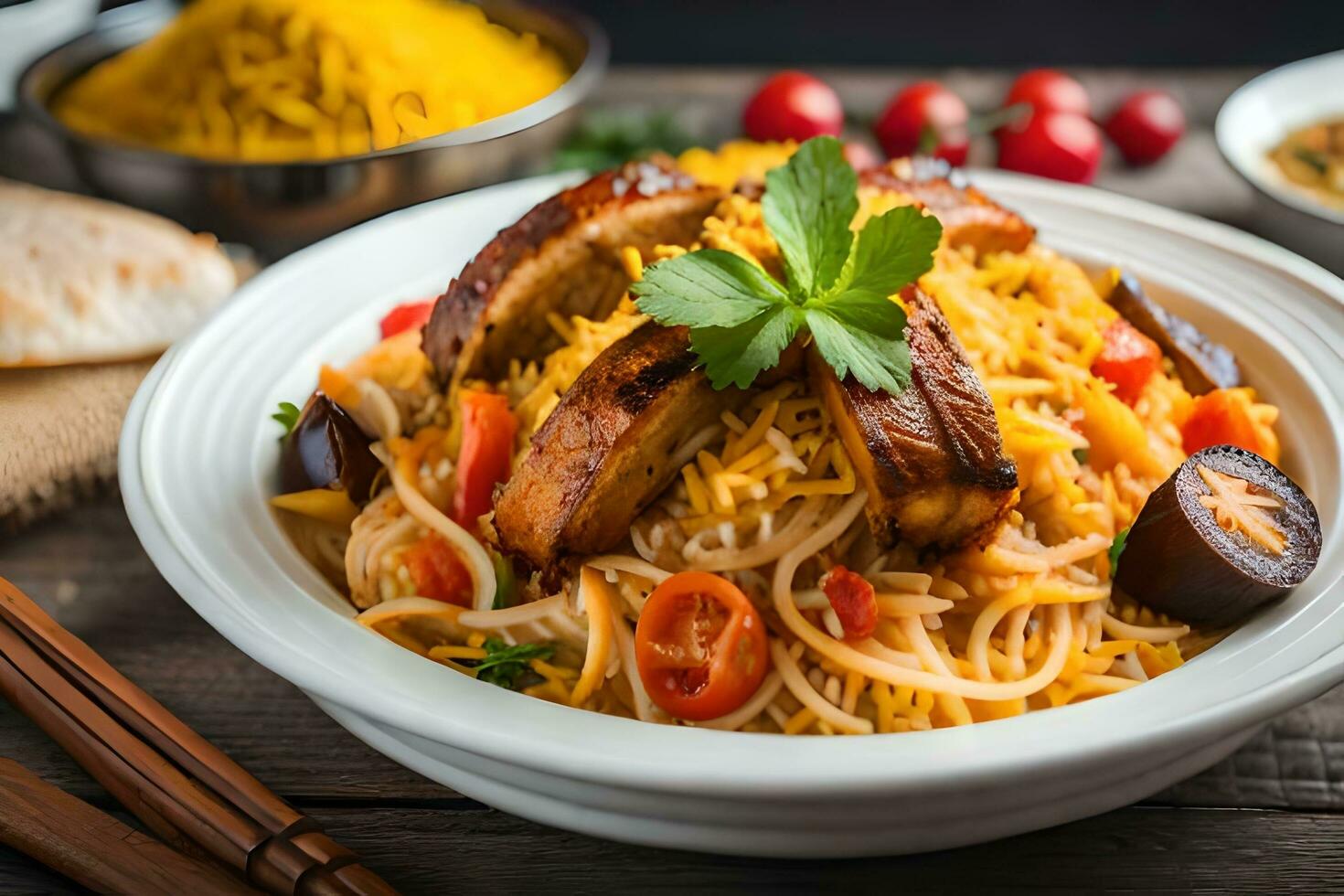 indian food indian food with rice and vegetables. AI-Generated photo