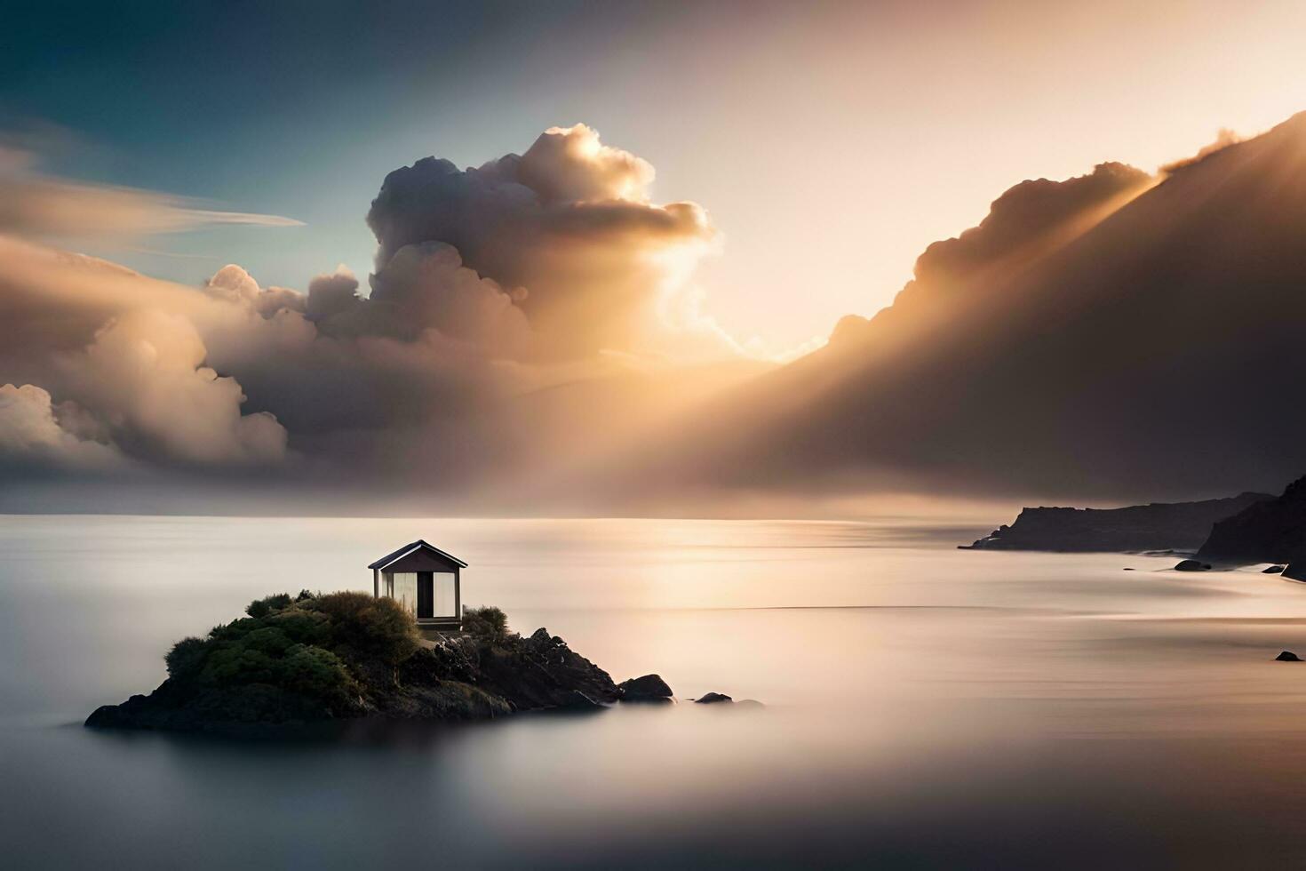 a small house on a small island in the ocean. AI-Generated photo