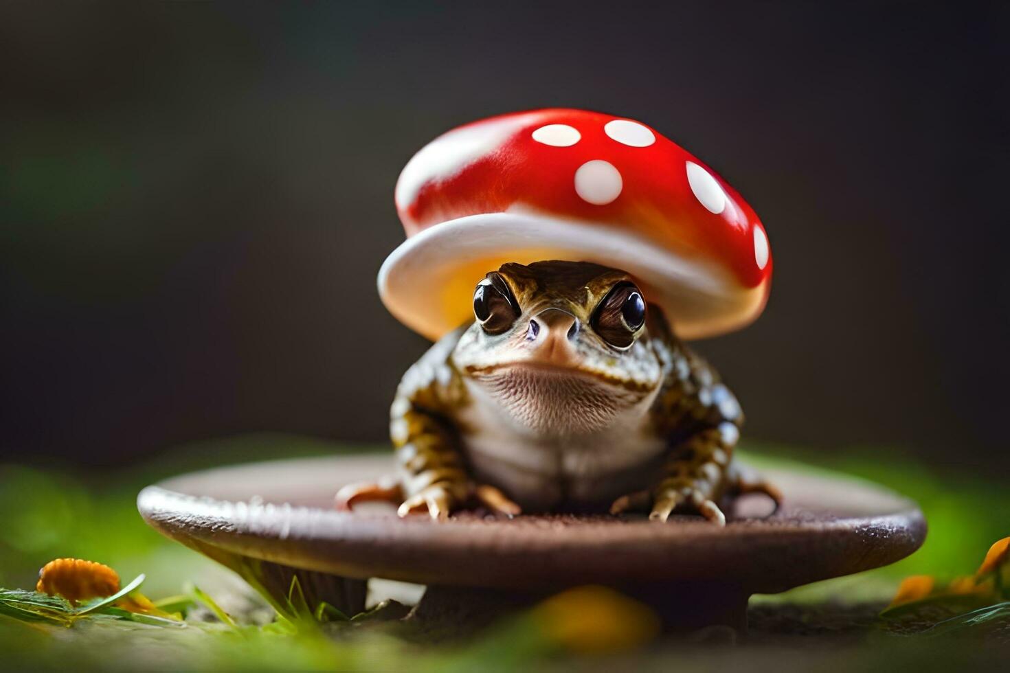 a frog wearing a mushroom hat sits on top of a wooden plate. AI-Generated photo