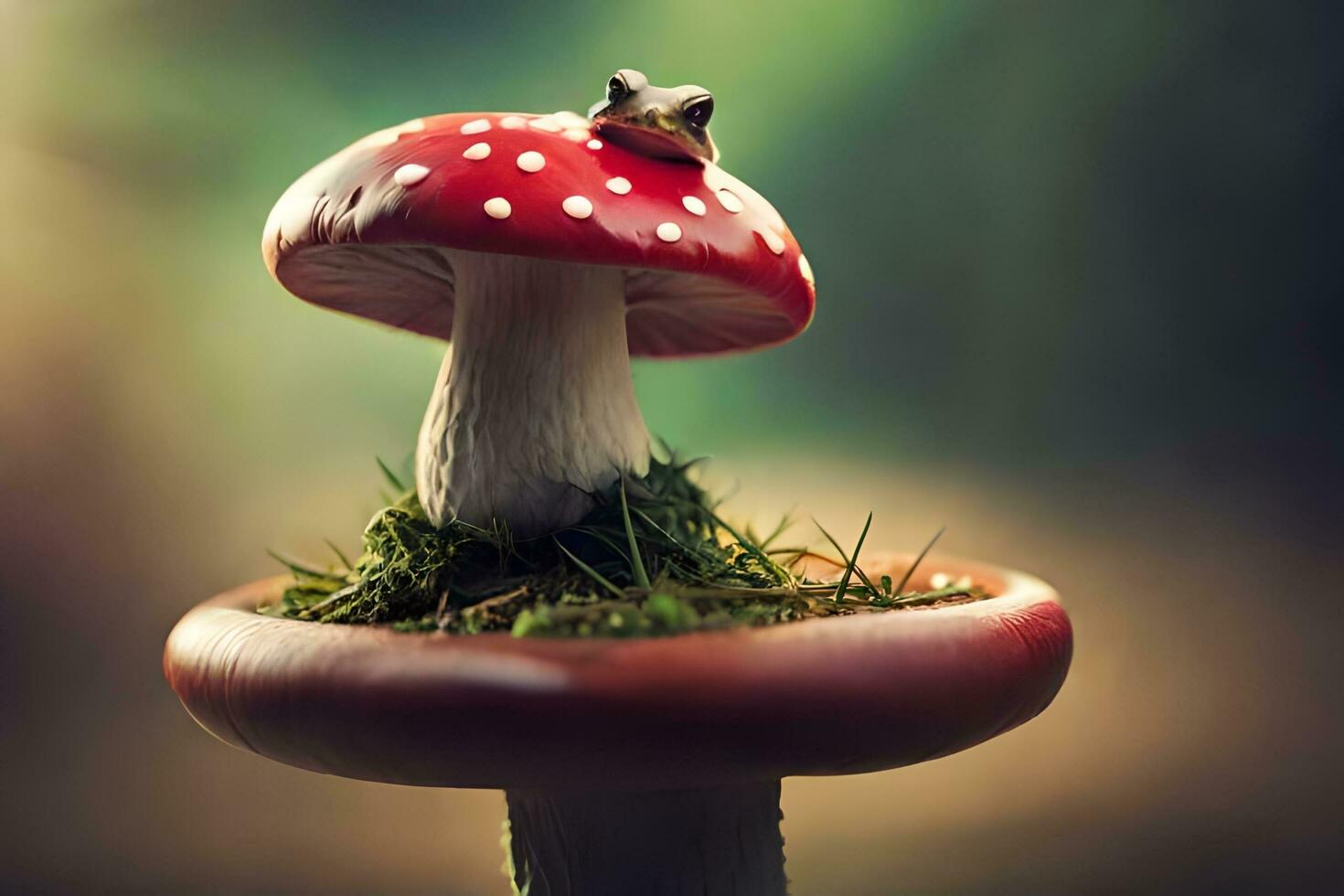 a red and white mushroom with a frog sitting on top. AI-Generated photo