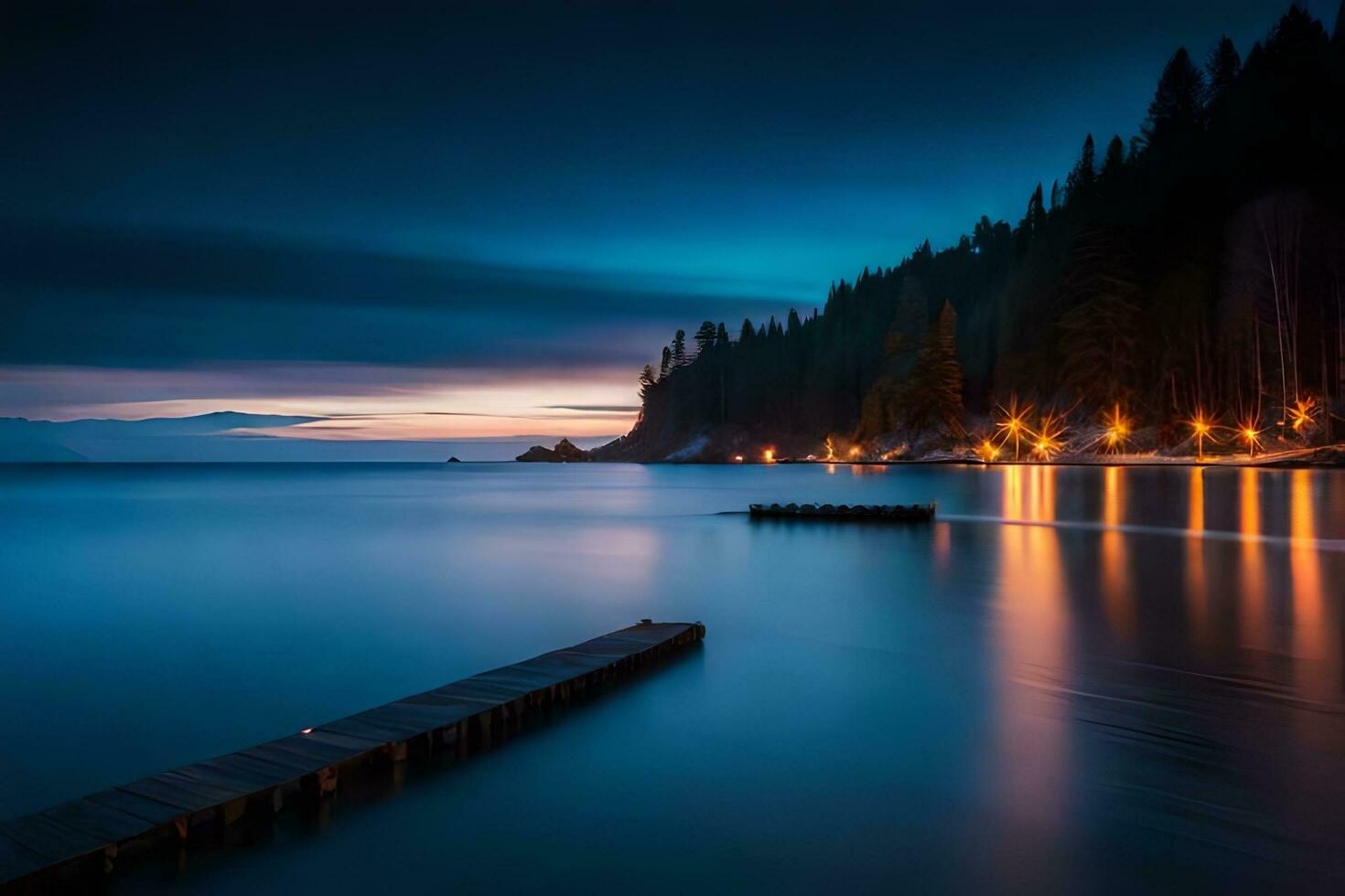 a pier at night with lights on it. AI-Generated photo