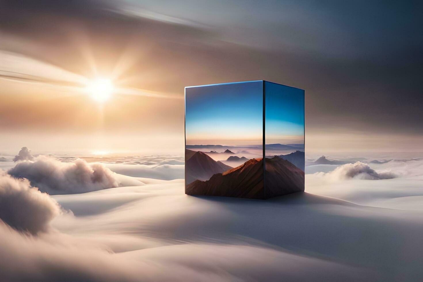 un cubo sentado en parte superior de nubes con el Dom brillante. generado por ai foto