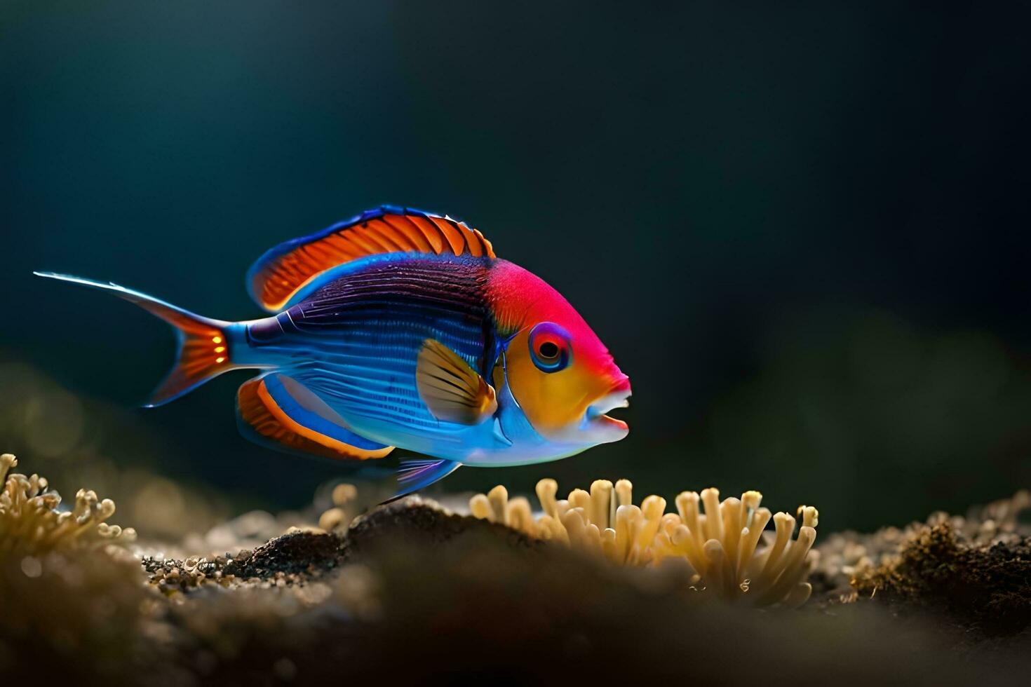 a colorful fish is standing on the ocean floor. AI-Generated photo