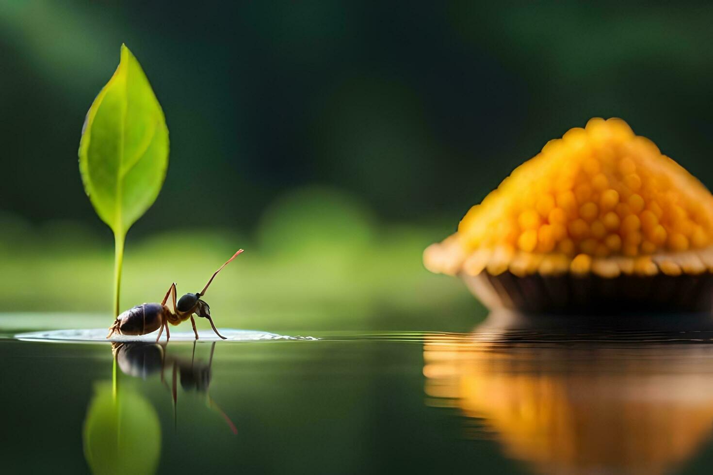 a small ant is standing on the water next to a leaf. AI-Generated photo