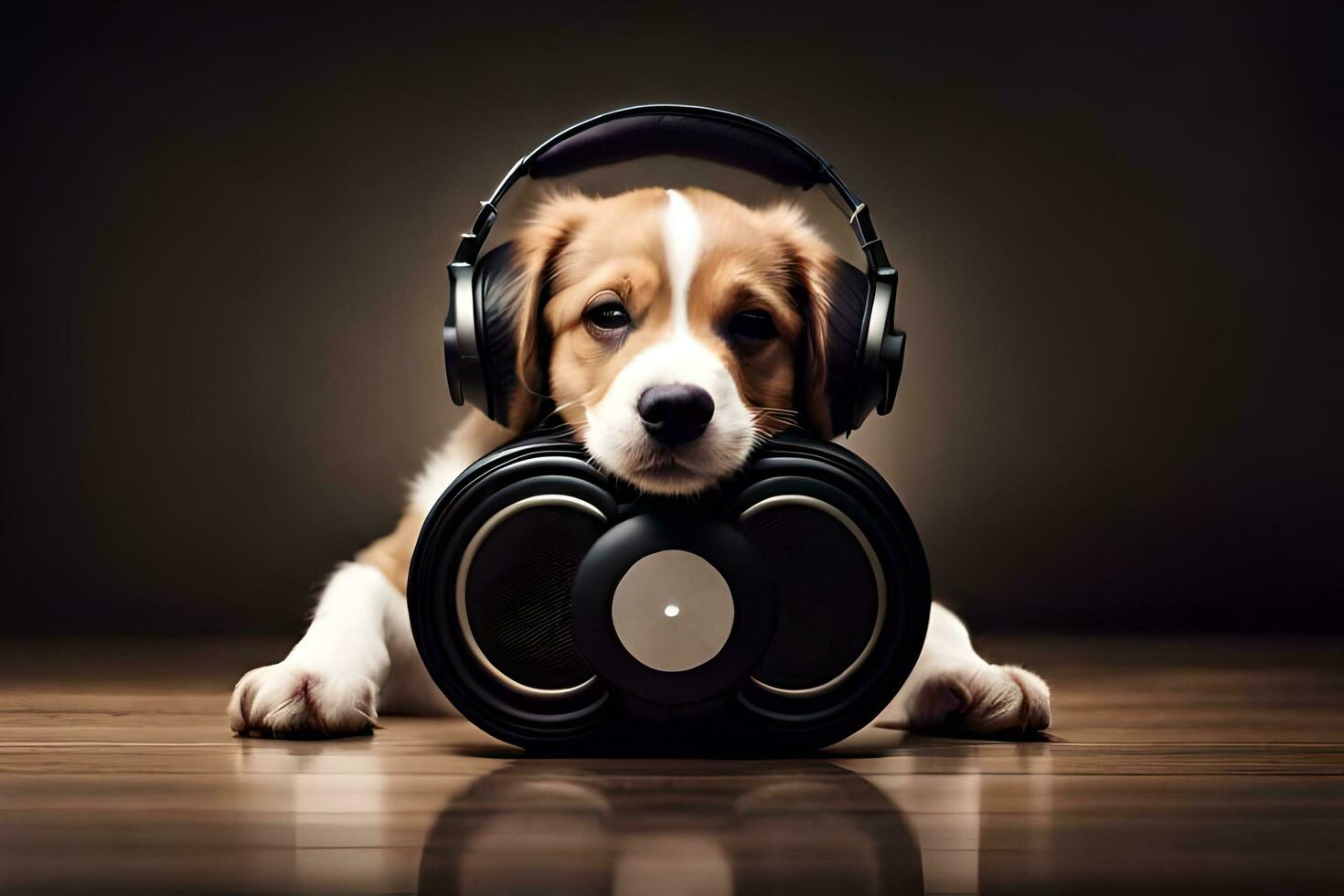 a dog wearing headphones and sitting on a speaker. AI-Generated photo