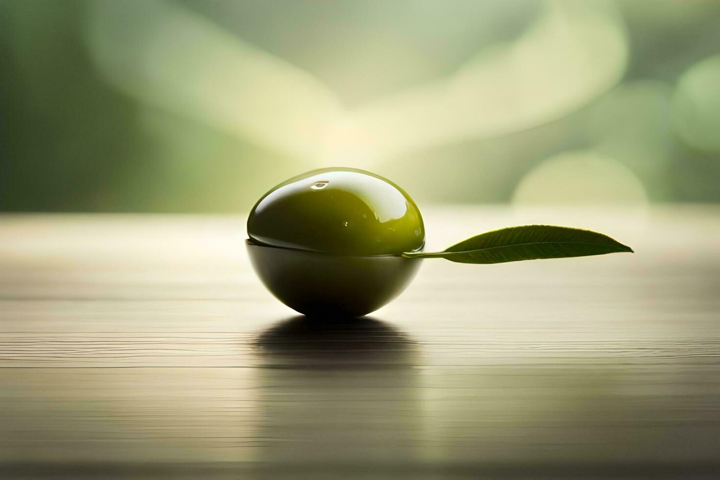 a green olive on a wooden table with a leaf. AI-Generated photo