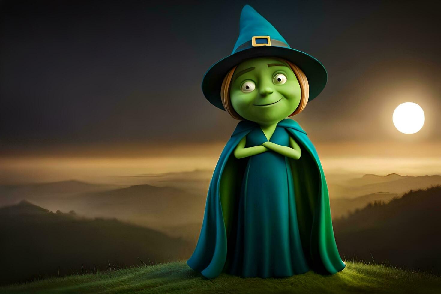 a cartoon witch standing on a hill with a full moon in the background. AI-Generated photo