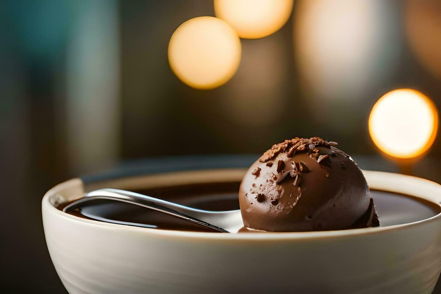 a chocolate dessert in a bowl with a spoon. AI-Generated photo