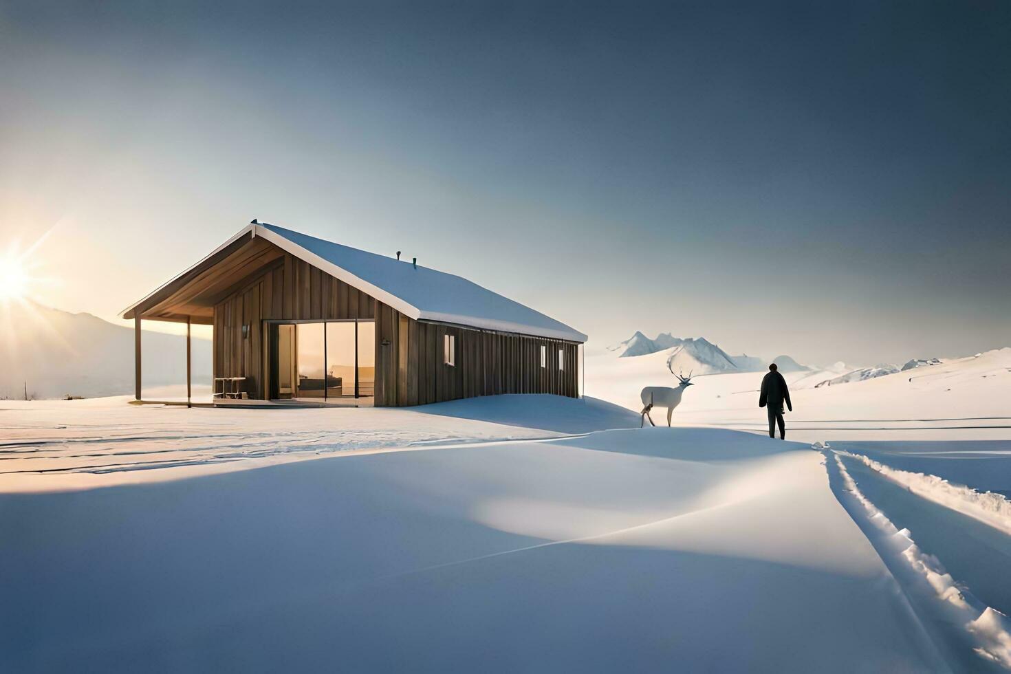 a man walking his dog in front of a cabin in the snow. AI-Generated photo