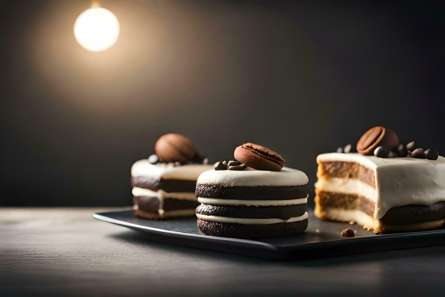 three cakes on a black plate with coffee beans. AI-Generated photo