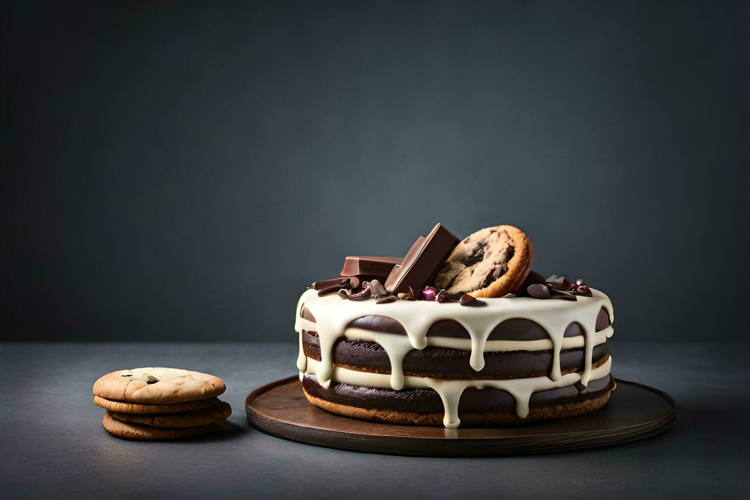 chocolate pastel con galletas y chocolate papas fritas en un oscuro antecedentes. generado por ai foto