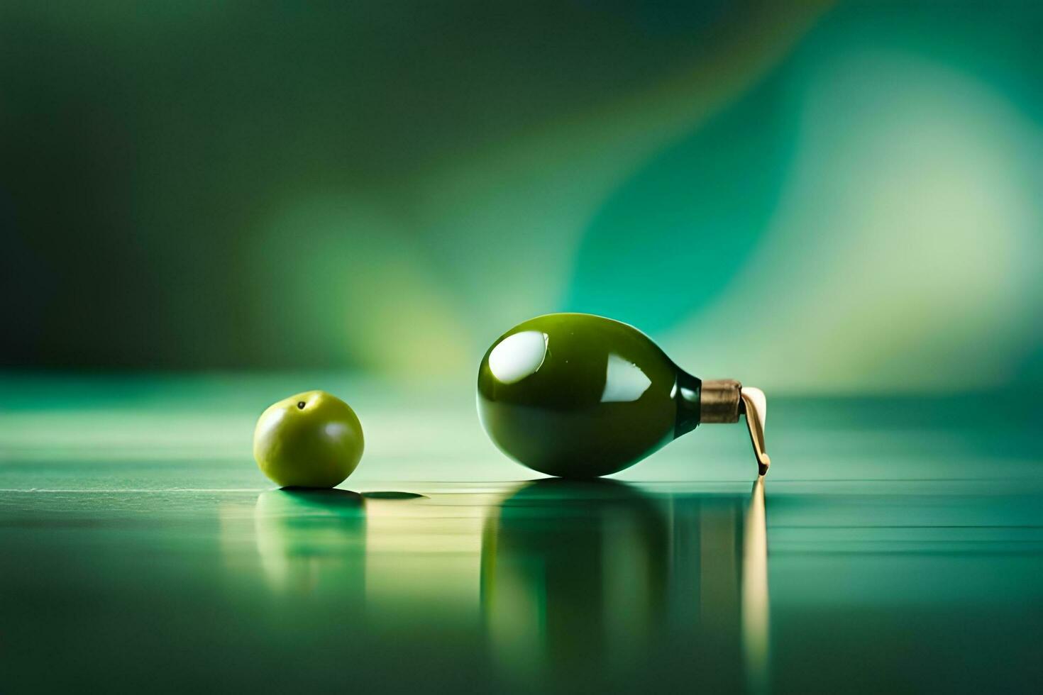 a green olive and a green bottle on a table. AI-Generated photo