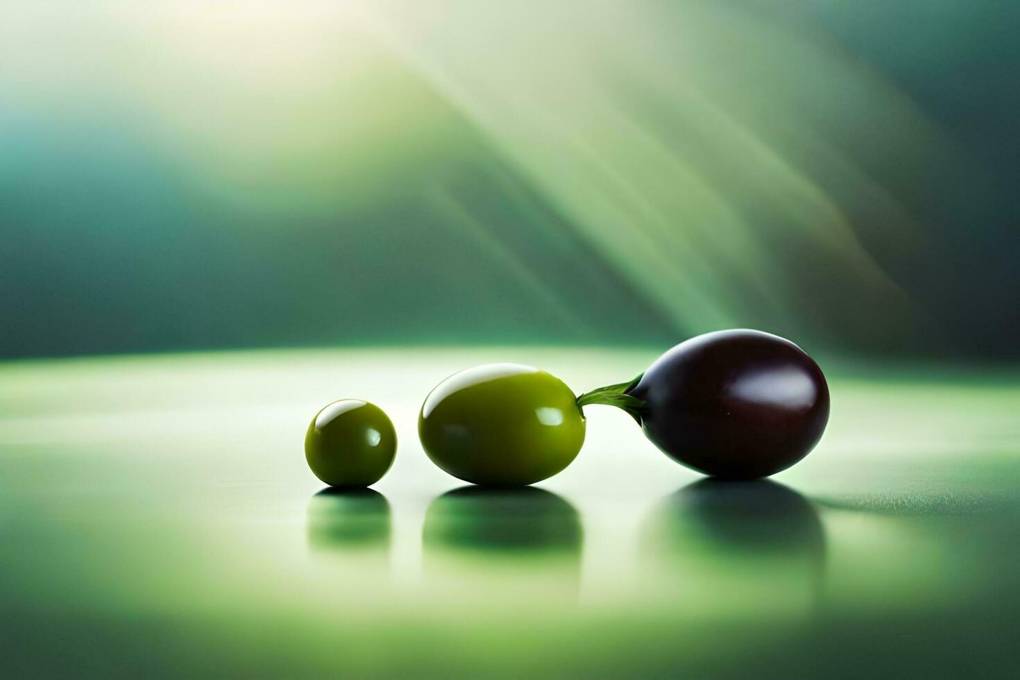 three green olives on a table with a green background. AI-Generated photo