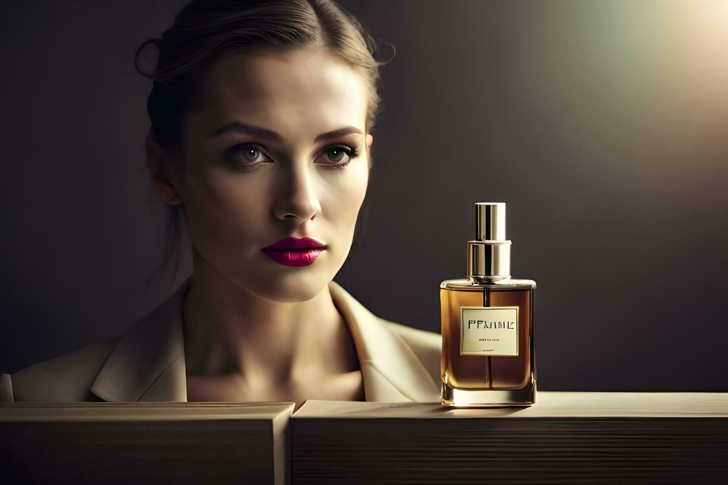 beautiful woman with perfume bottle and wooden box. AI-Generated photo