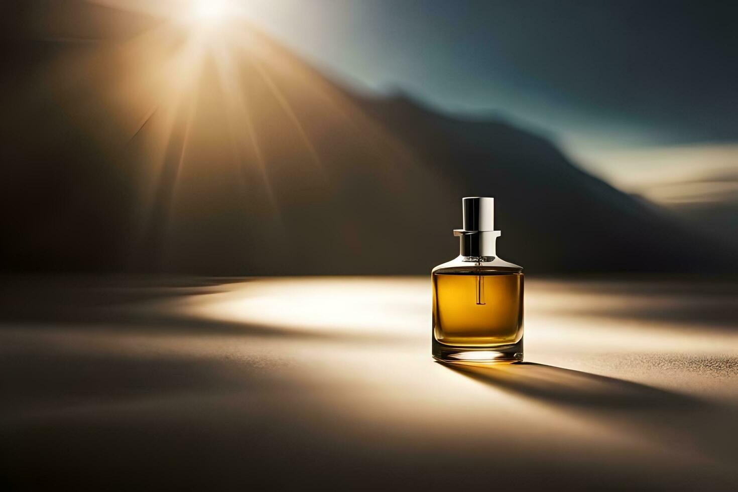 a bottle of perfume sitting on a table in front of a mountain. AI-Generated photo