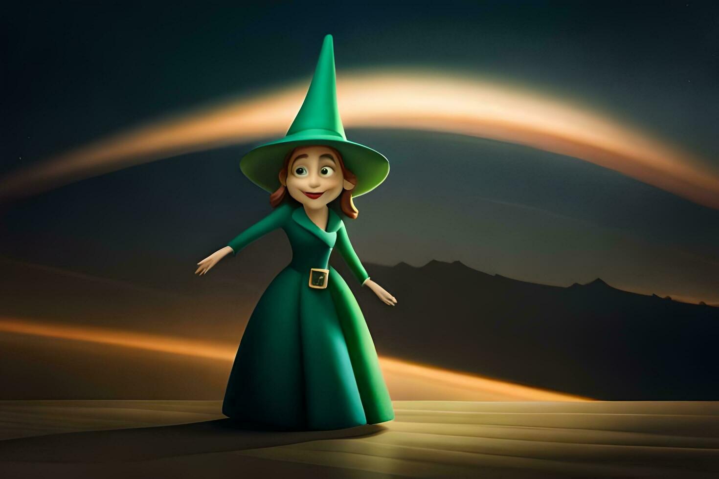 a cartoon witch in green dress standing on a hill. AI-Generated photo