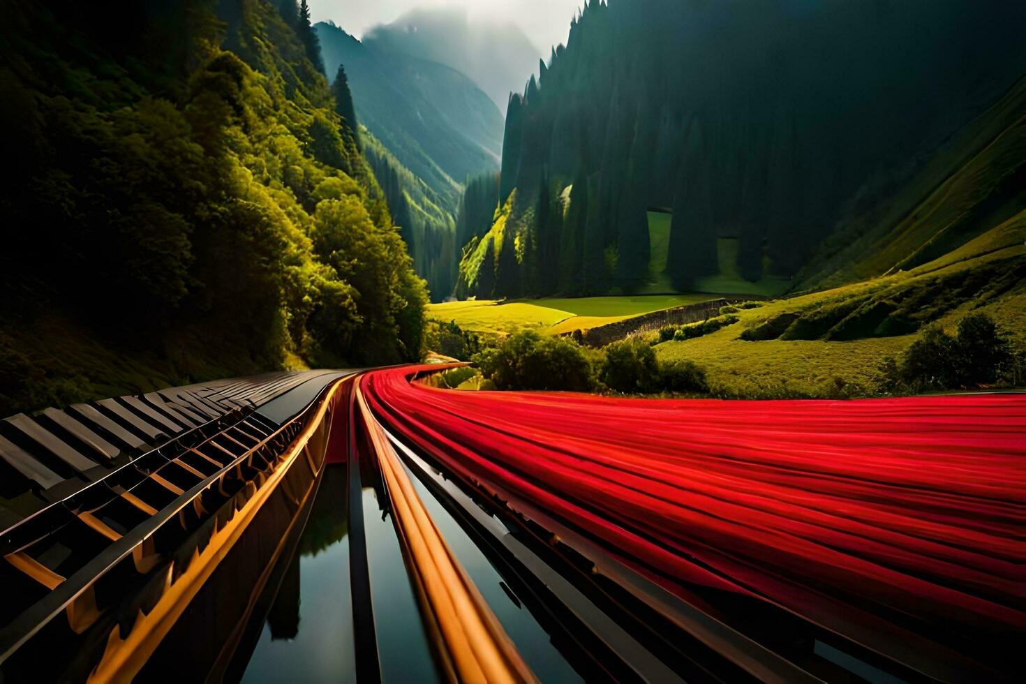 a train traveling through a forest with red lights. AI-Generated photo