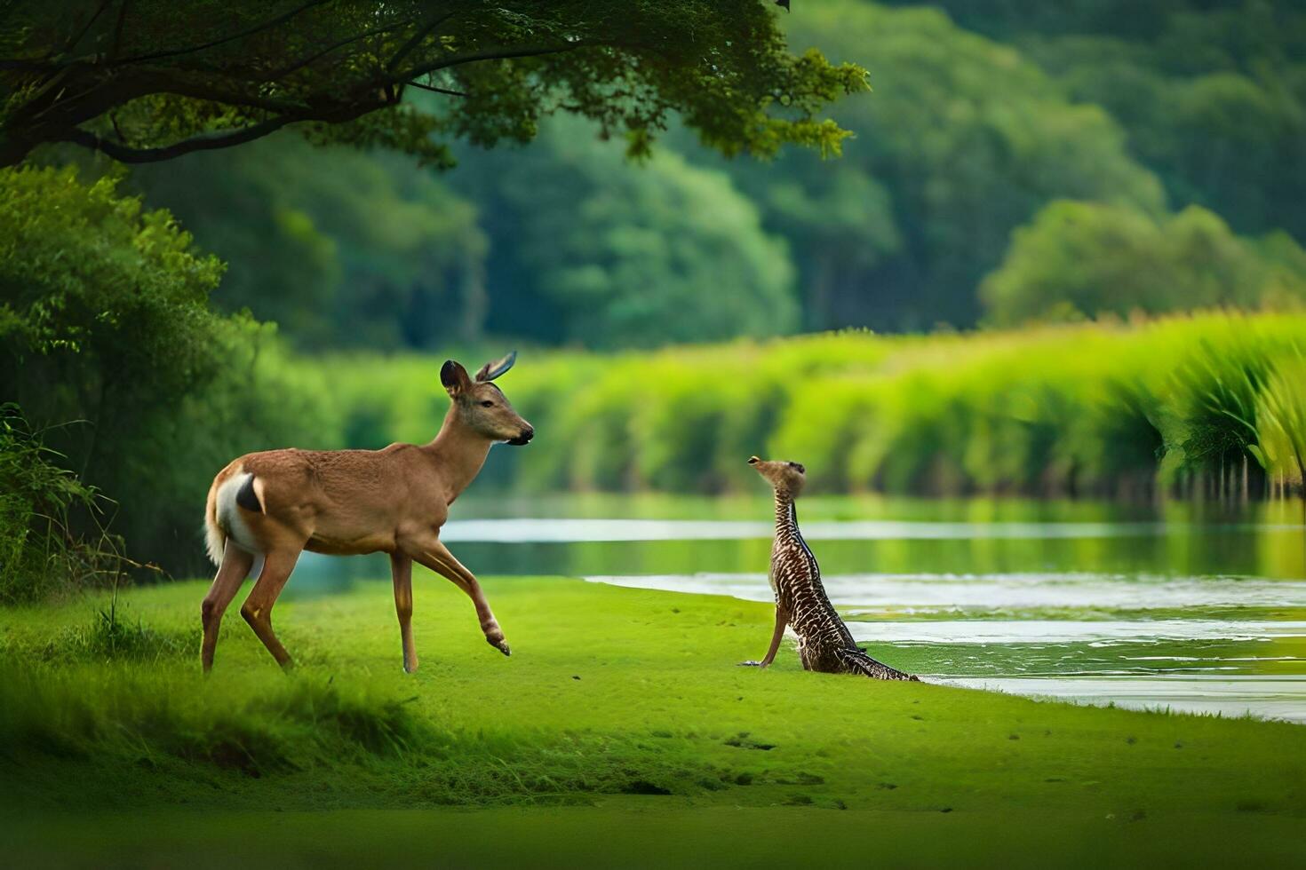deer and gator in the wild. AI-Generated photo