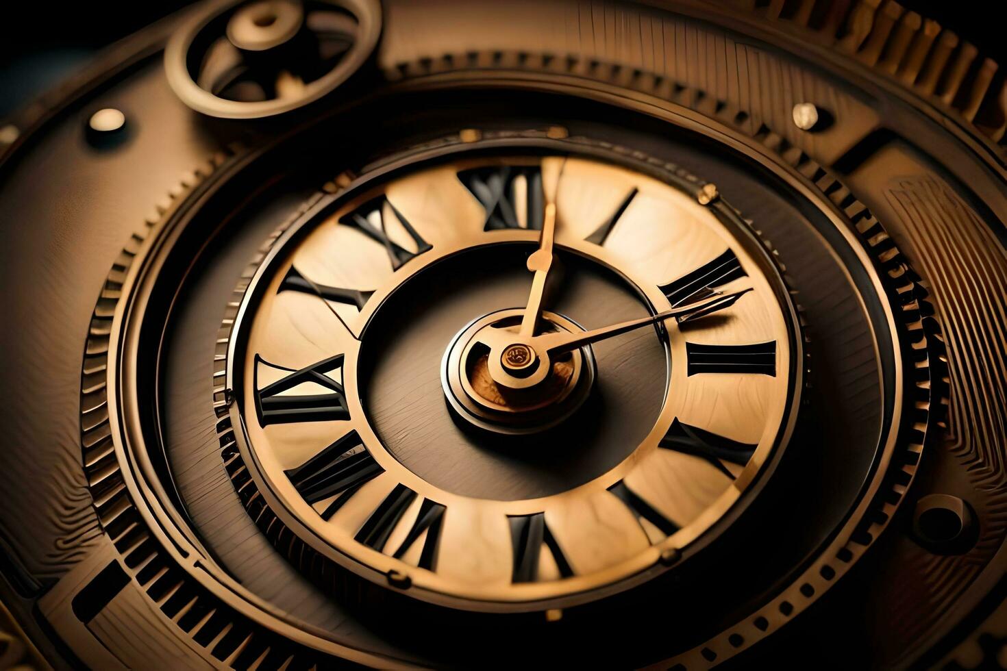 an old gold clock with roman numerals on it. AI-Generated photo