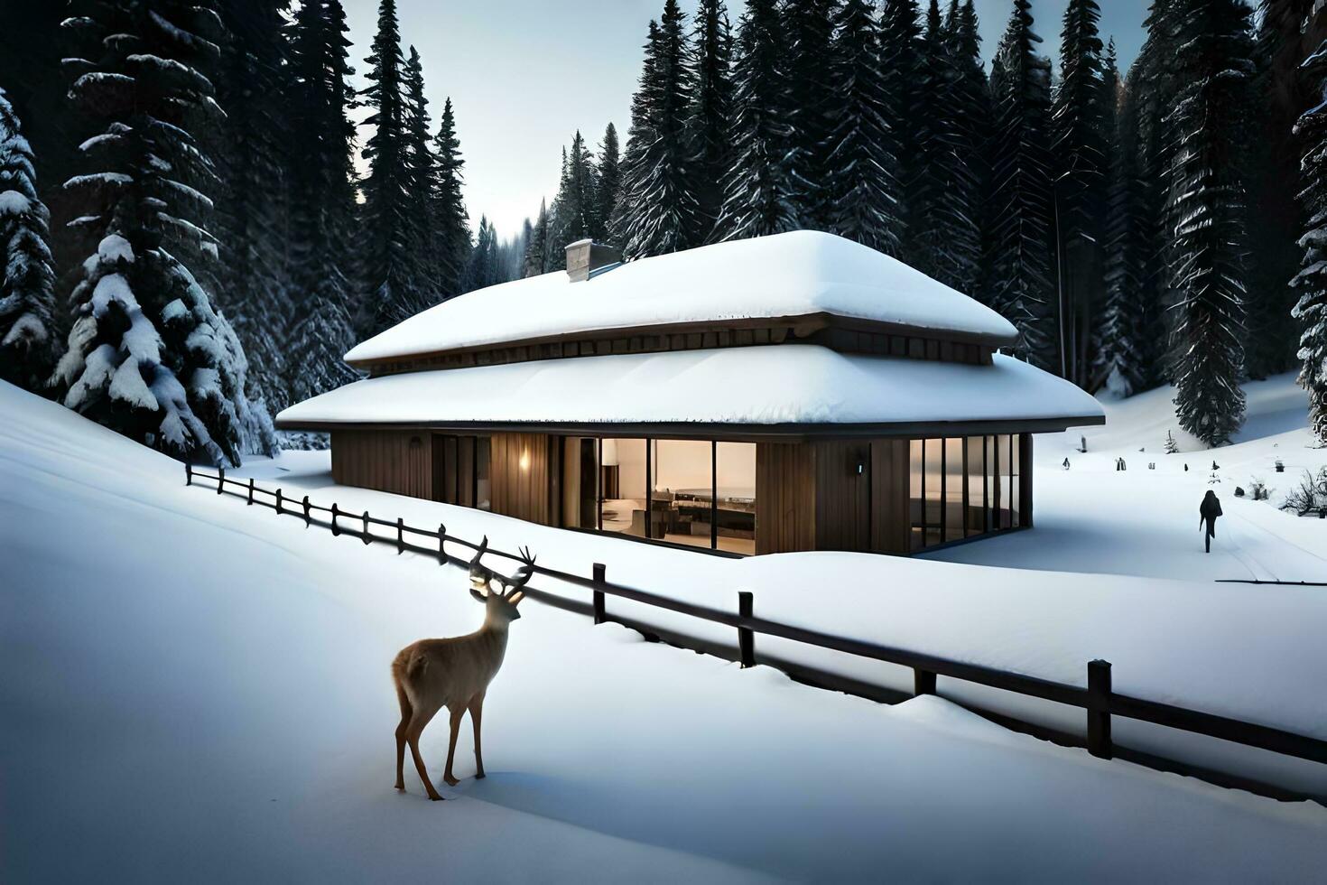 a deer stands in front of a cabin in the snow. AI-Generated photo